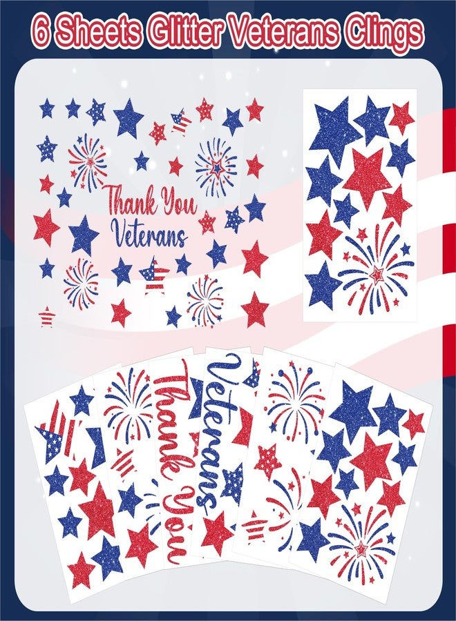 Yewfold 6 Sheet Thank You Veterans Window Clings, Glitter Star Shaped Fireworks Window Veterans Day Decorations, Patriotic Decorations for 4th of July, Independence, Labor, Memorial Day (Glitter) - Image 2